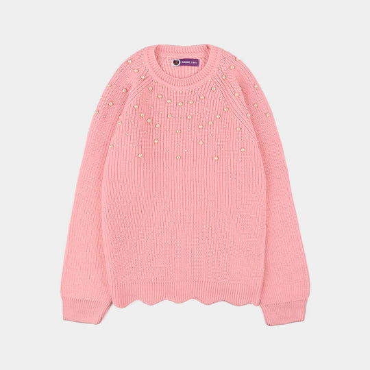 Girls Acrylic Sweater-Pearls-L.Pink