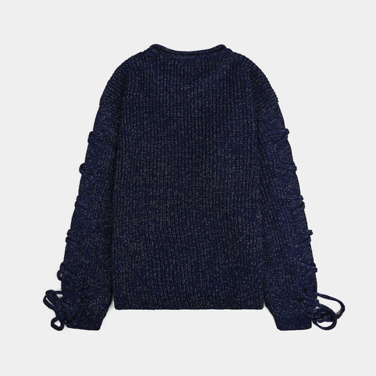 Girls Acrylic-Feather Lurex Sweater-NAVY