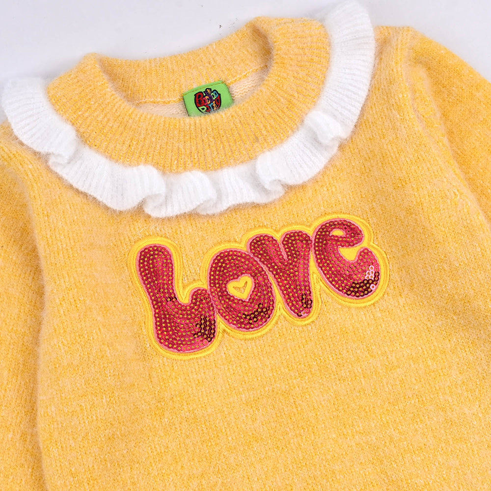 Infant Girls Acrylic-Crystal Feather Sweater-Love Sequence-Yellow