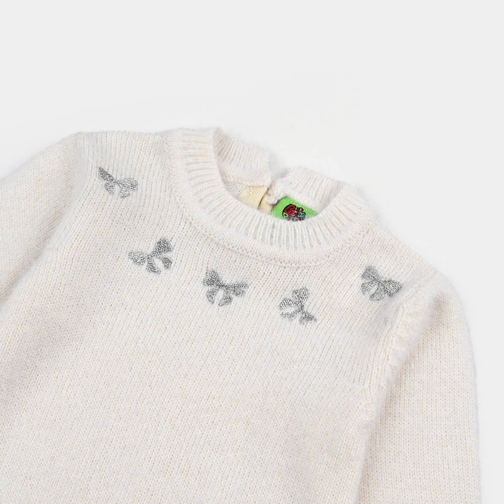 Infant Girls Acrylic-Feather Lurex Sweater-Lurex Bow - Off White