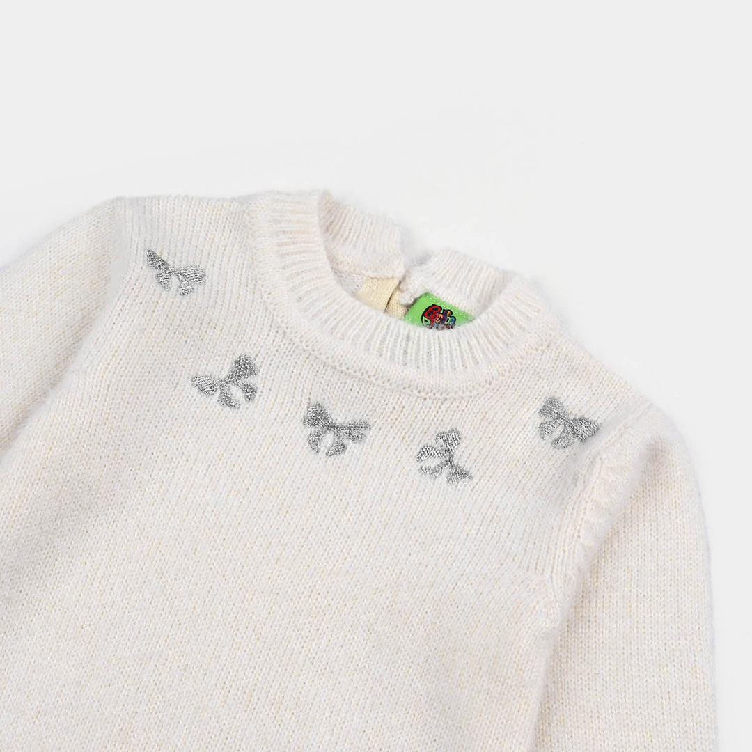 Infant Girls Acrylic-Feather Lurex Sweater-Lurex Bow - Off White