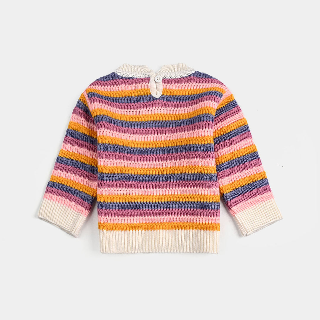 Infant Girls Acrylic Sweater-Stripe & Flower - Multi