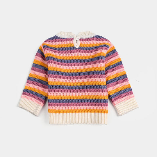 Infant Girls Acrylic Sweater-Stripe & Flower - Multi