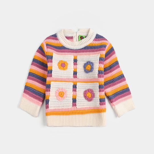 Infant Girls Acrylic Sweater-Stripe & Flower - Multi