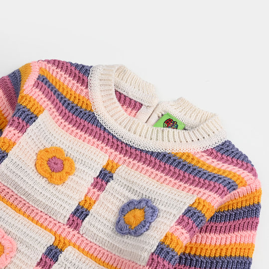 Infant Girls Acrylic Sweater-Stripe & Flower - Multi