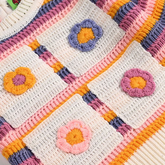 Infant Girls Acrylic Sweater-Stripe & Flower - Multi