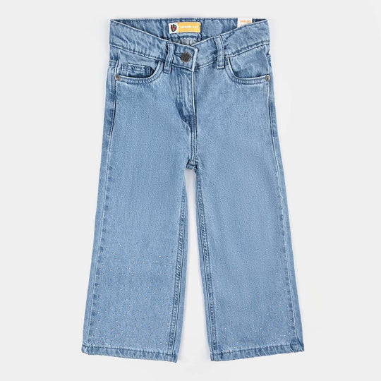 Girls Denim Pant Studs-Mid Blue