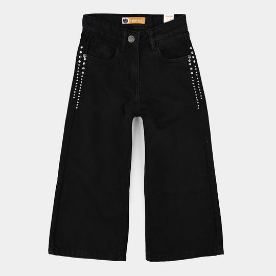 Girls Denim rigid Pant Star And Circles-BLACK