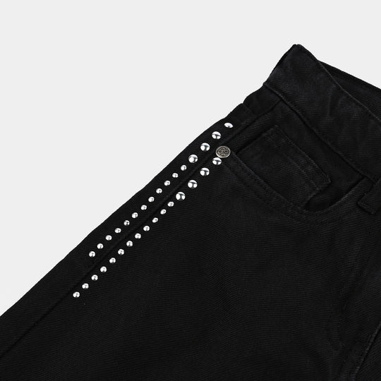 Girls Denim rigid Pant Star And Circles-BLACK