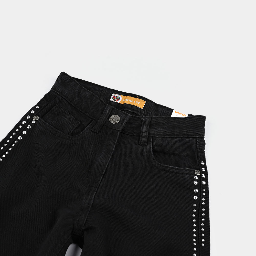 Girls Denim rigid Pant Star And Circles-BLACK