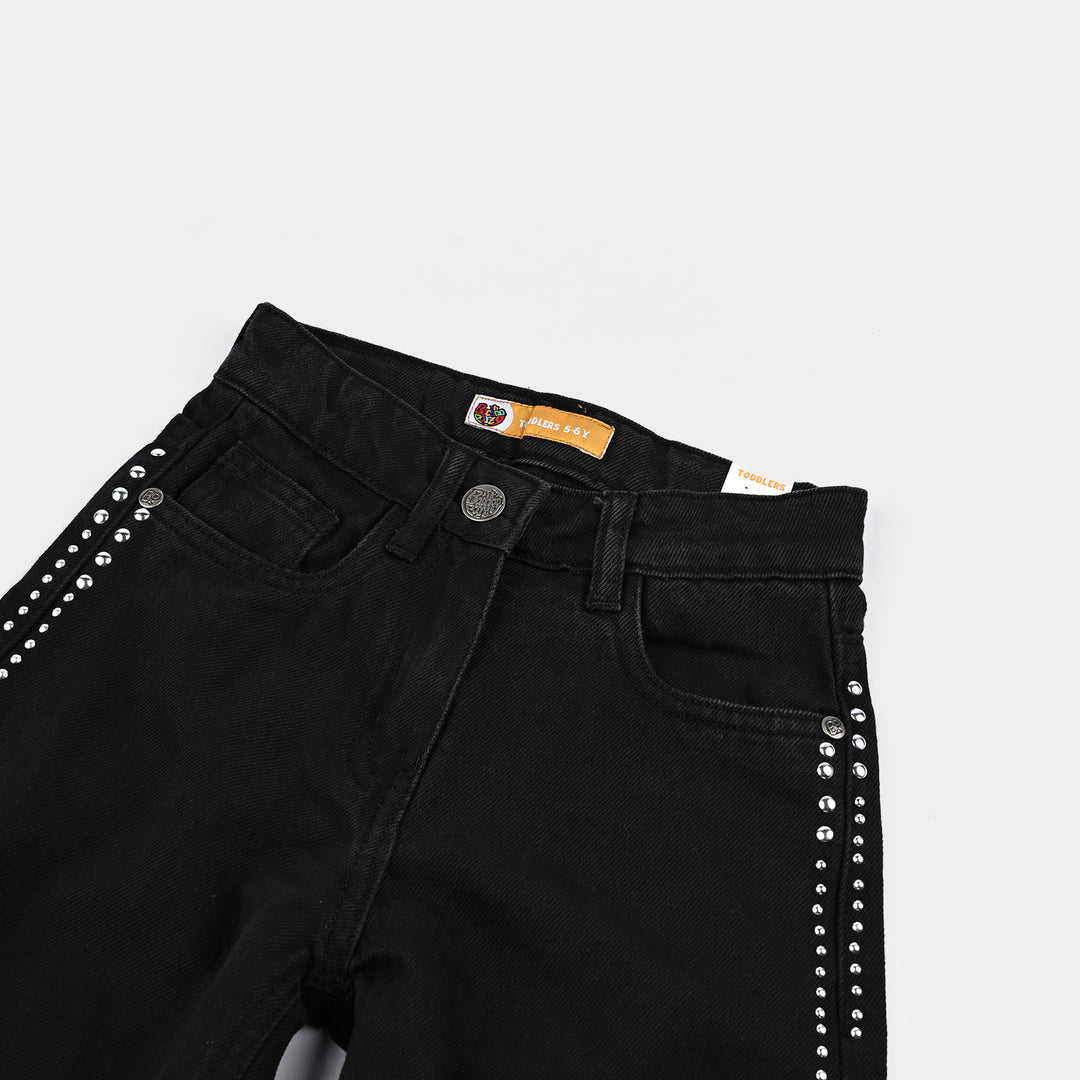 Girls Denim rigid Pant Star And Circles-BLACK