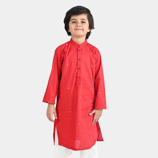 Boys Cotton Poplin Embroidered Kurta (Ornamental)-Red