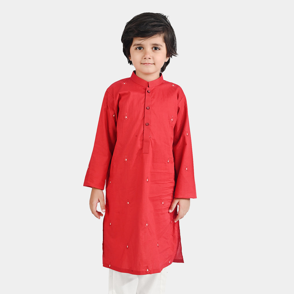 Boys Cotton Poplin Embroidered Kurta (Ornamental)-Red