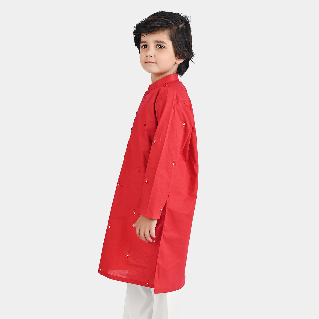 Boys Cotton Poplin Embroidered Kurta (Ornamental)-Red