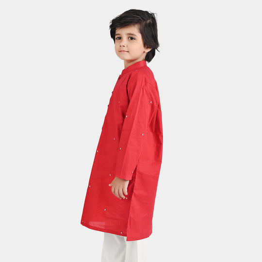Boys Cotton Poplin Embroidered Kurta (Ornamental)-Red