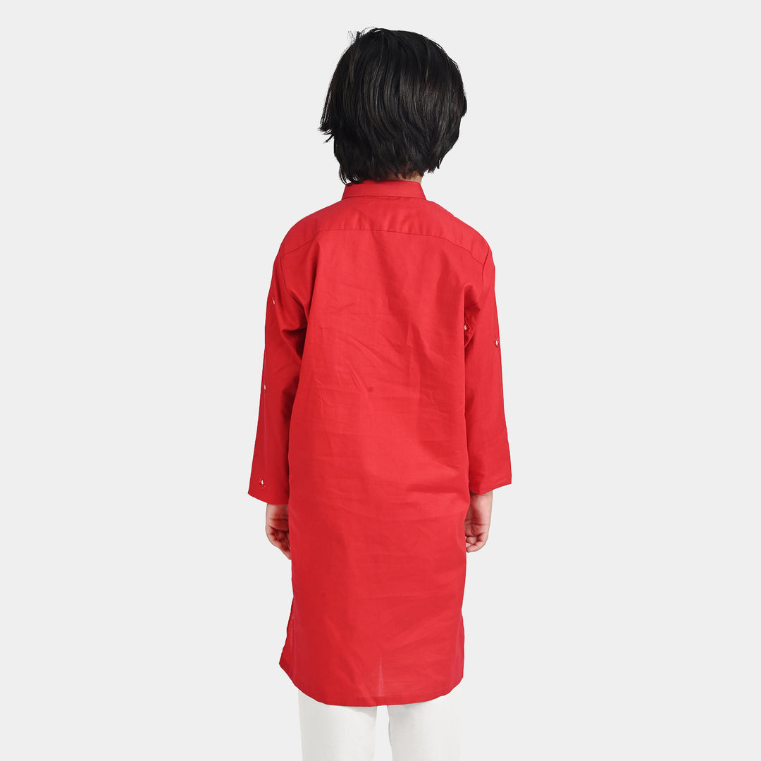 Boys Cotton Poplin Embroidered Kurta (Ornamental)-Red