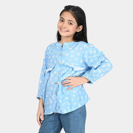 Girls Cotton Viscos Casual Top Sky Blue Floral-SKY BLUE