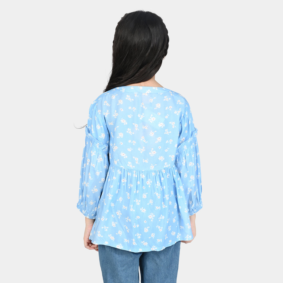 Girls Cotton Viscos Casual Top Sky Blue Floral-SKY BLUE