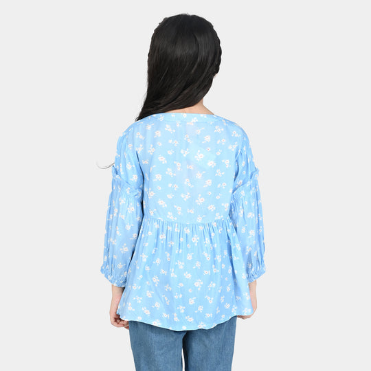 Girls Cotton Viscos Casual Top Sky Blue Floral-SKY BLUE