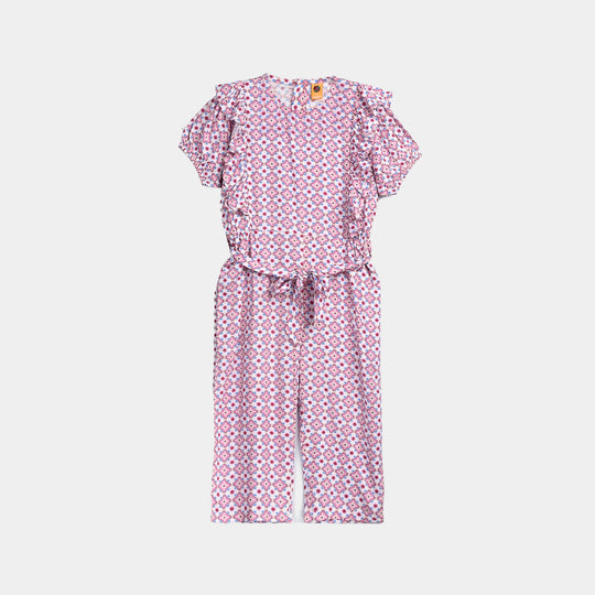 Girls Cotton Viscose Jumpsuit Cape Sleeve-Pink