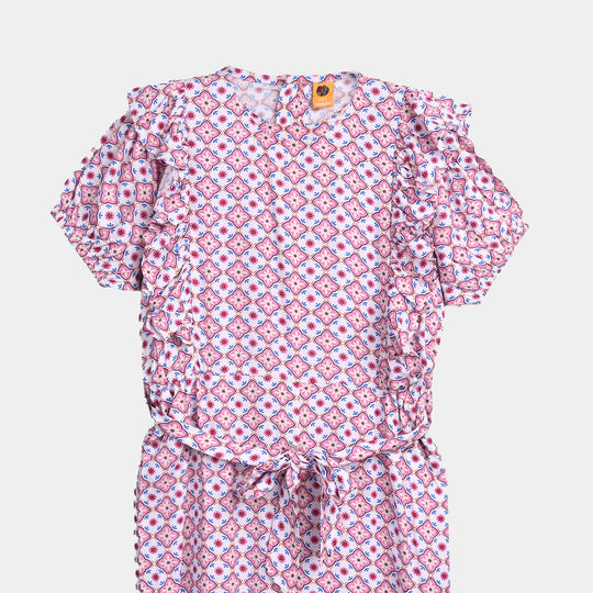 Girls Cotton Viscose Jumpsuit Cape Sleeve-Pink