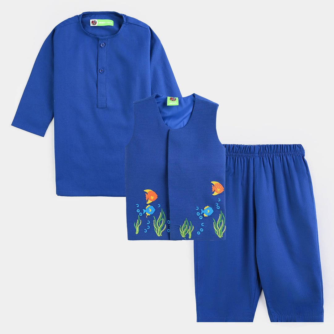 Infant Boys Cotton Poplin 3 Piece Suit (Fishes) - Blue