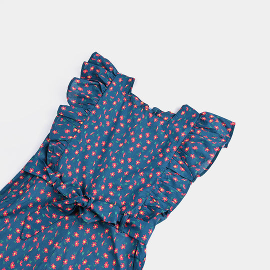 Girls Cotton Poplin Jumpsuit Frill-Multi