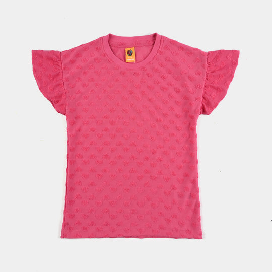 Girls Jacquard T-Shirt Pink Heart-Hot Pink