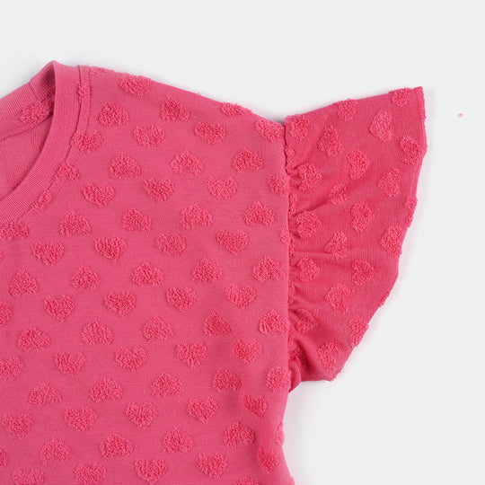 Girls Jacquard T-Shirt Pink Heart-Hot Pink