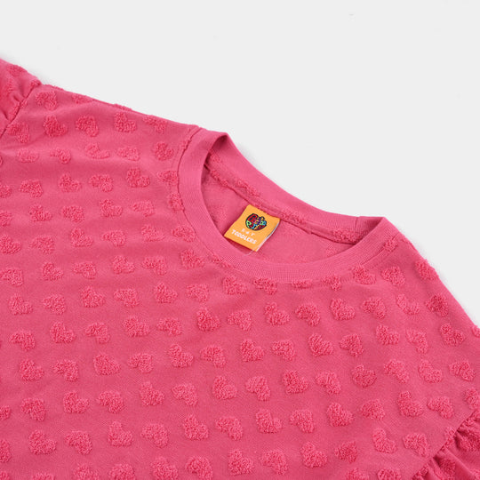 Girls Jacquard T-Shirt Pink Heart-Hot Pink