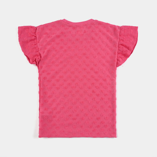 Girls Jacquard T-Shirt Pink Heart-Hot Pink