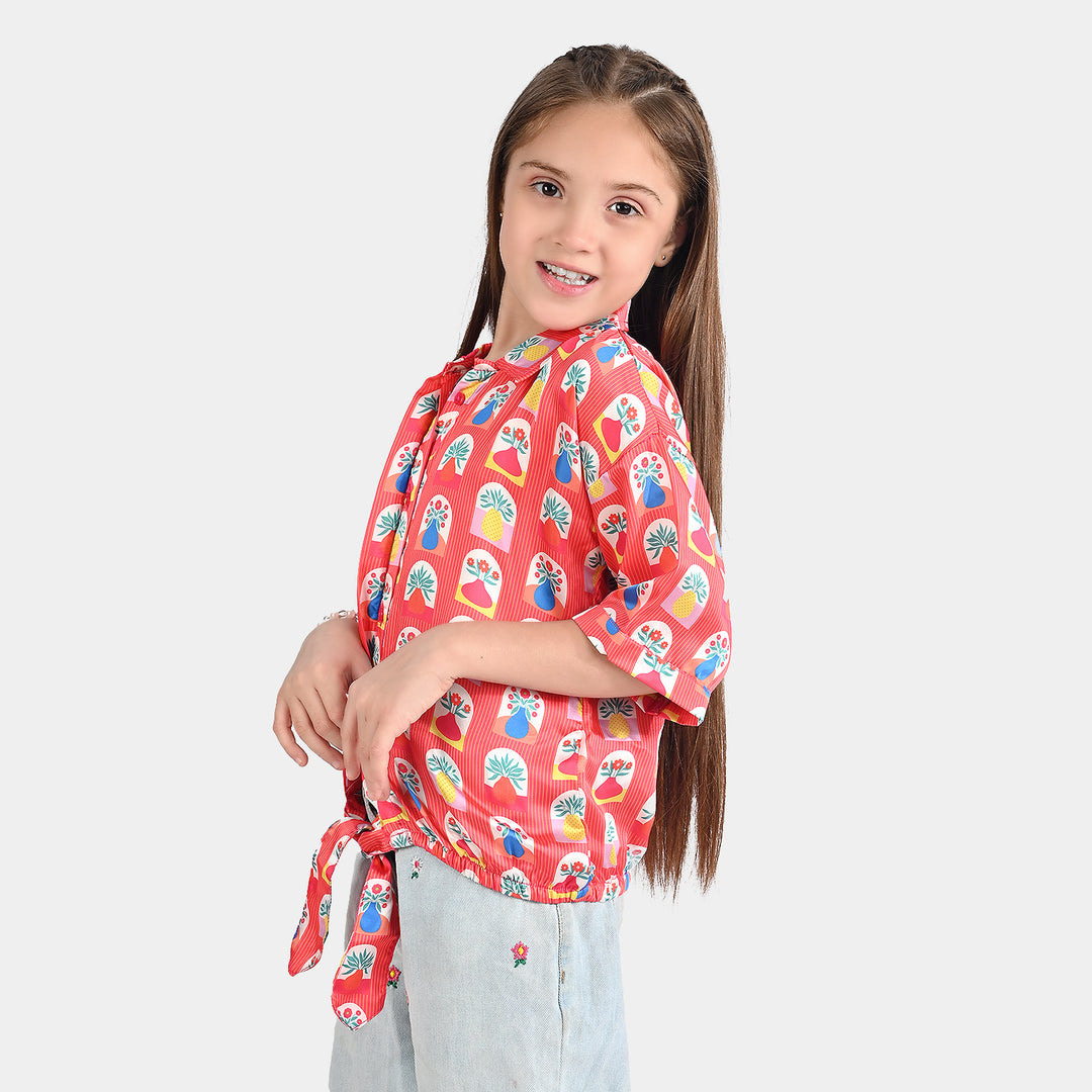 Girls poly cambric Casual Top Red Flora-RED