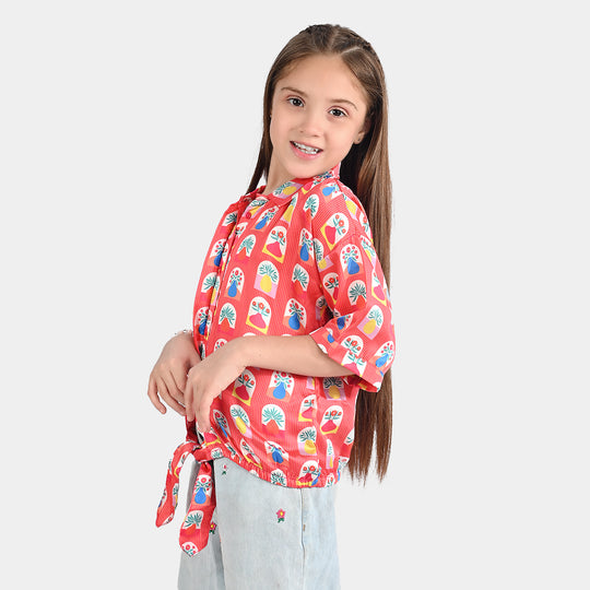 Girls poly cambric Casual Top Red Flora-RED