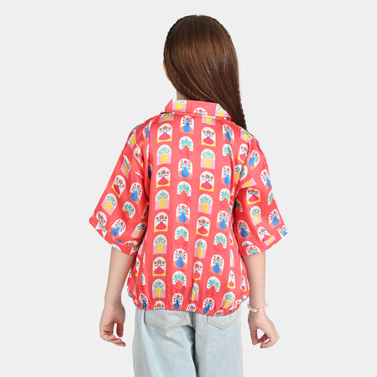 Girls poly cambric Casual Top Red Flora-RED