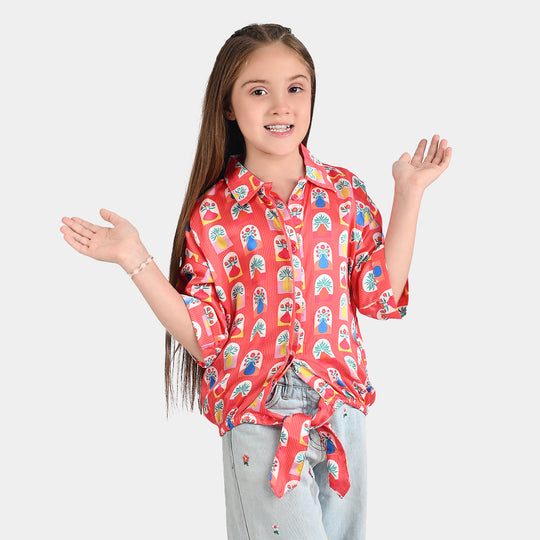 Girls poly cambric Casual Top Red Flora-RED