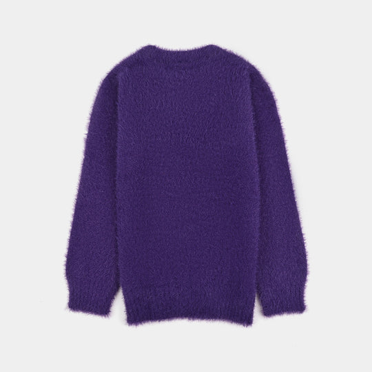 Girls Feather yarn Sweater-Purple