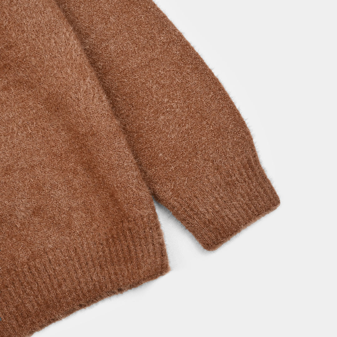 Girls Feather yarn Sweater-BROWN