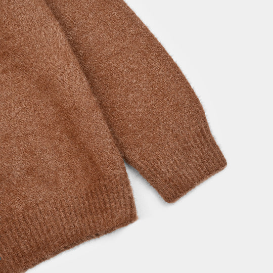 Girls Feather yarn Sweater-BROWN