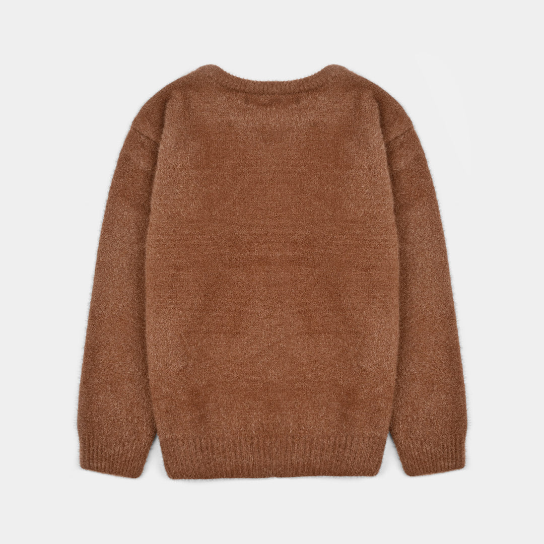 Girls Feather yarn Sweater-BROWN