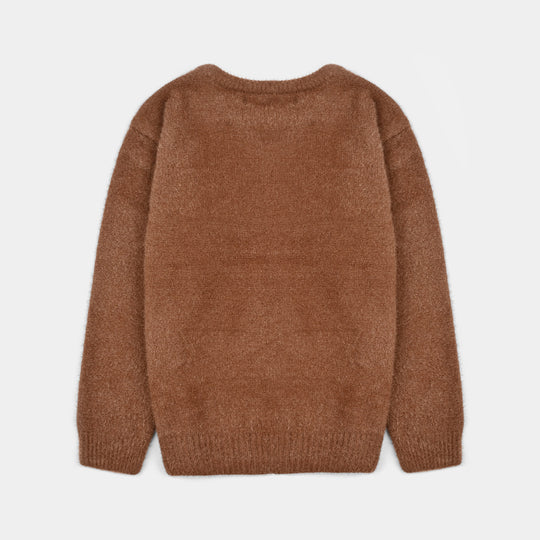 Girls Feather yarn Sweater-BROWN