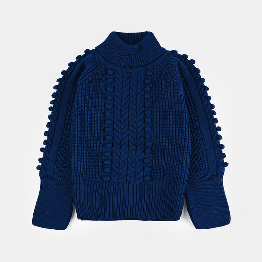 Girls Acrylic Sweater-Pom Pom-Teal.Blue