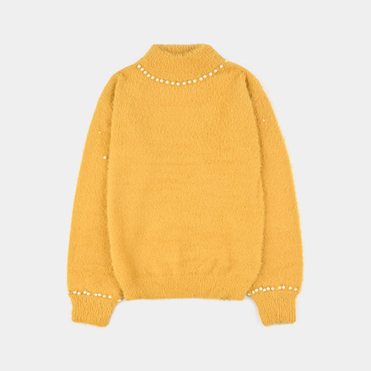 Girls VPN-Acrylic Sweater-Mock Neck Pearls-Lt.Mustard