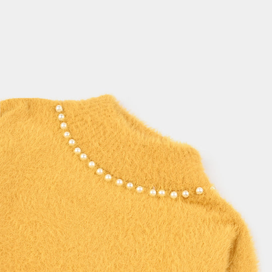Girls VPN-Acrylic Sweater-Mock Neck Pearls-Lt.Mustard