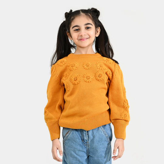 Girls Acrylic Sweater-Flower Bunches-Mustard