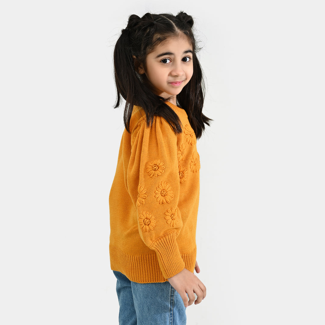Girls Acrylic Sweater-Flower Bunches-Mustard