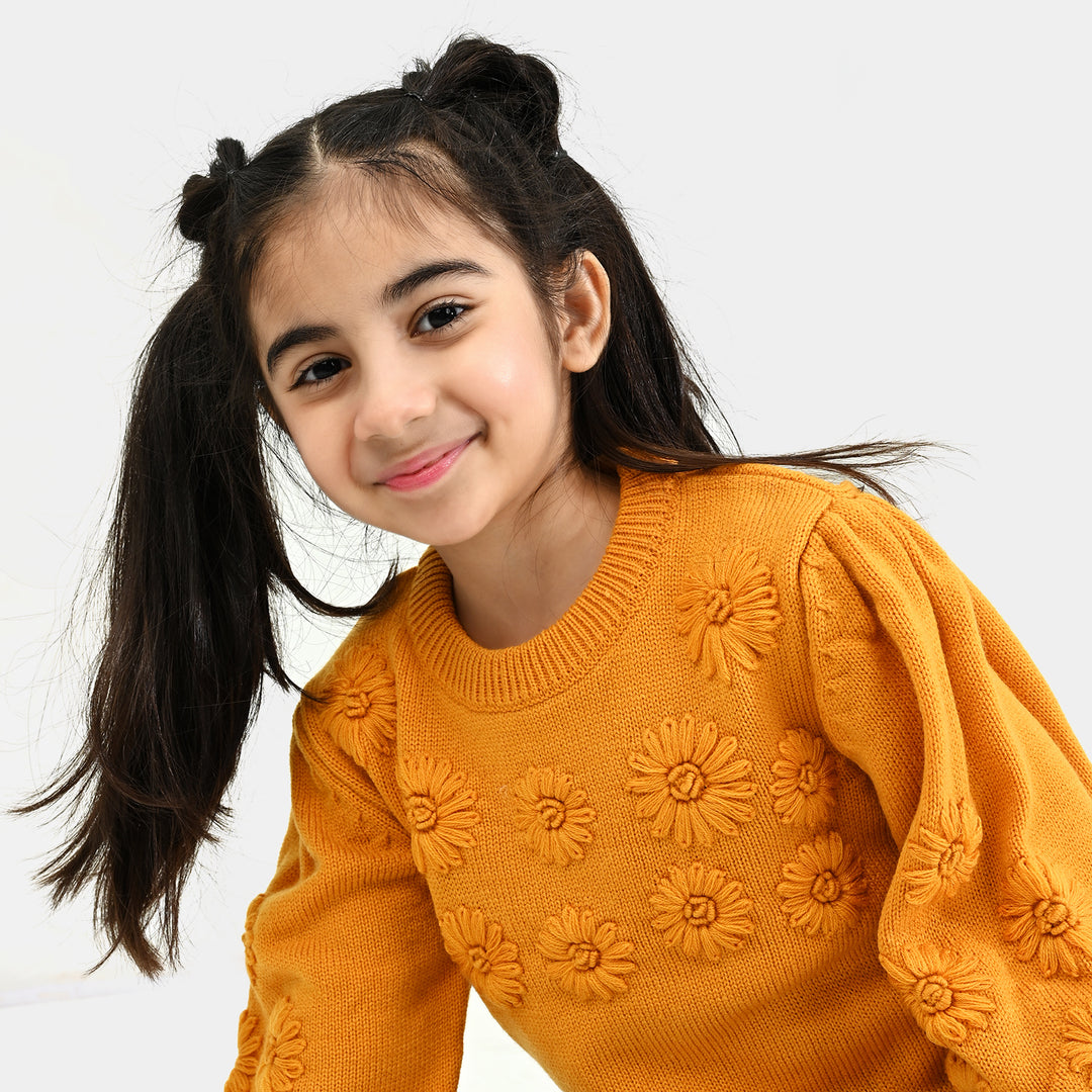Girls Acrylic Sweater-Flower Bunches-Mustard