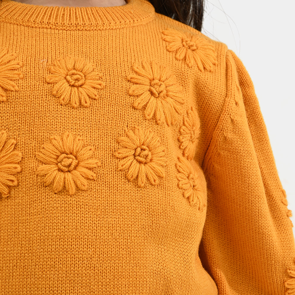 Girls Acrylic Sweater-Flower Bunches-Mustard