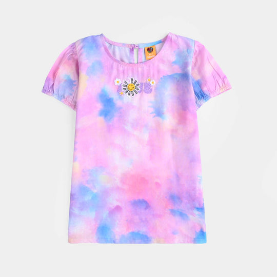 Girls Cotton Poplin Emb Top Puffy Pink-Multi