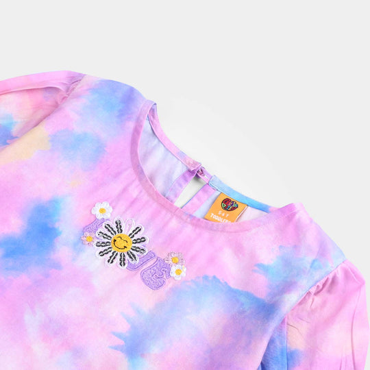 Girls Cotton Poplin Emb Top Puffy Pink-Multi
