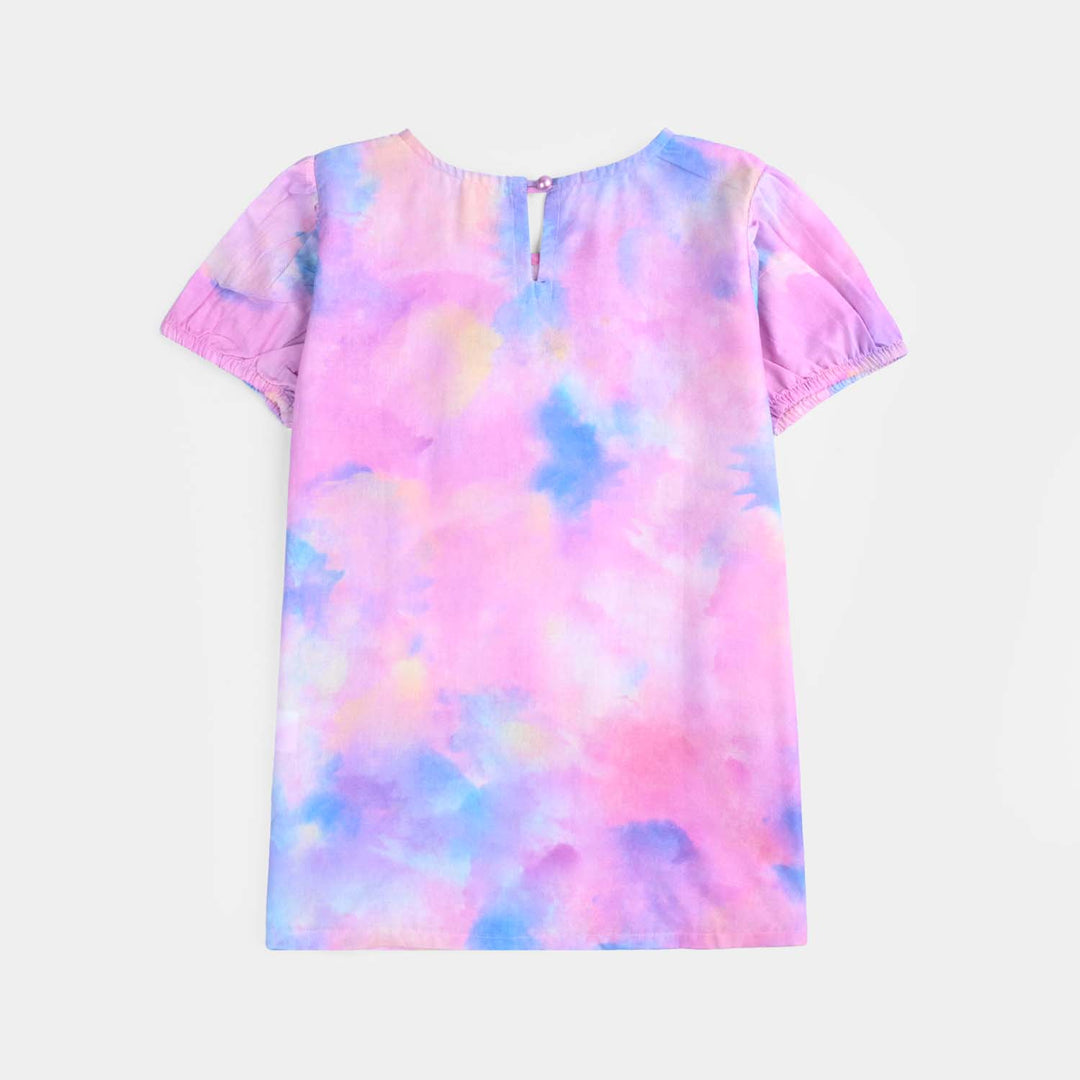 Girls Cotton Poplin Emb Top Puffy Pink-Multi